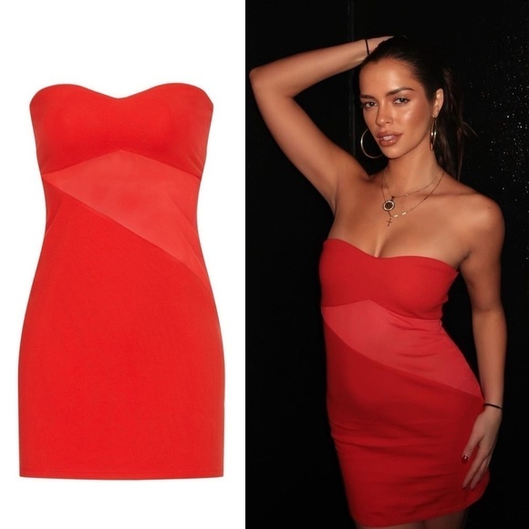VICTOR GLEMAUD Red Ponte Knit Strapless Sheer Panel Cutout Bodycon Mini‎ Dress M - Picture 4 of 9